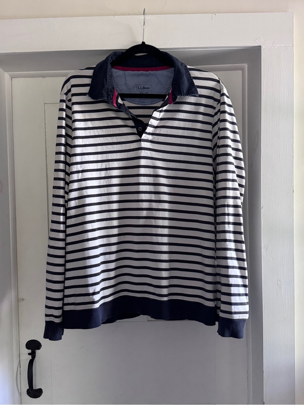 L.L. Bean Navy White Stripe Rugby Polo Long Sleeve Cotton Shirt XL